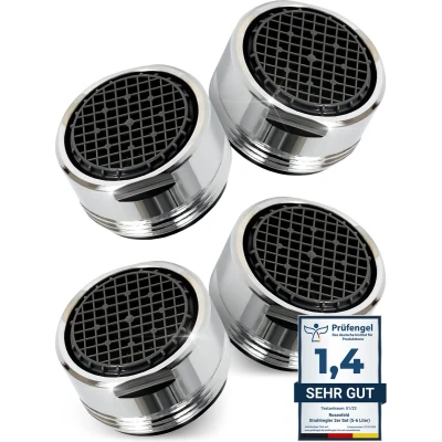 Afbeelding van 4 stuks zeer waterbesparende perlator M24 wateropbrengst 5l/min hightech anti kalk kraanbeluchter met bol filter van verchroomd messing kraanzeefje voor kranen