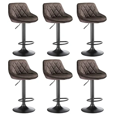 Afbeelding van Drumm Set van 6 barkrukken, keukenstoelen met verchroomde poten, vintage industriële barstoelen fluweel, 360 draaibaar, voetensteun en rugleuning (bruin 6)