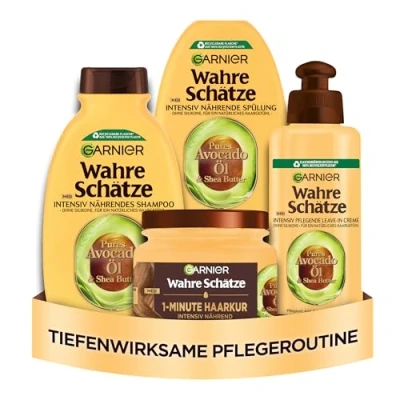 Image de Garnier Wahre Schätze Kit de soin avec shampooing, après shampoing, masque et sans rinçage à l&#039;huile d&#039;avocat au beurre karité pour cheveux très secs, ondulés, bouclés épais, convient tous