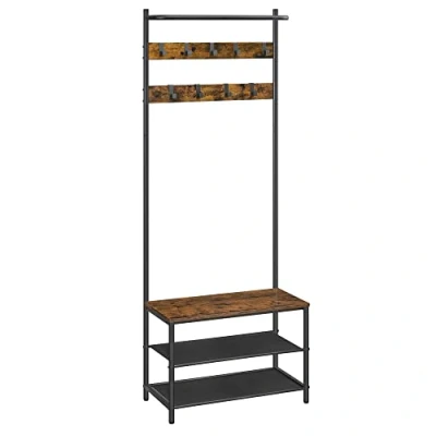 Afbeelding van Vasagle HSR411B01 Kapstok met schoenenrek, 9 afneembare haken, bovenste stang, industriële stijl, voor entree, slaapkamer, rustiek bruin en zwart, 32,2 x 64 180 cm