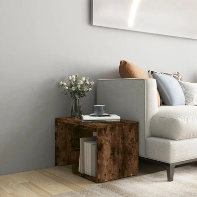 Afbeelding van Bijzettafel 59x36x38 cm bewerkt hout gerookt eikenkleurig
