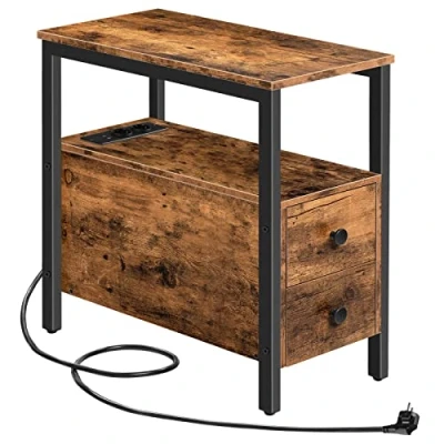 Afbeelding van HOOBRO Bijzettafel met laadstation, nachtkastje 2 laden, USB poorten en stopcontacten, bankpunt voor kleine ruimtes, woonkamer, slaapkamer, rustiek bruin EBF542BZ01