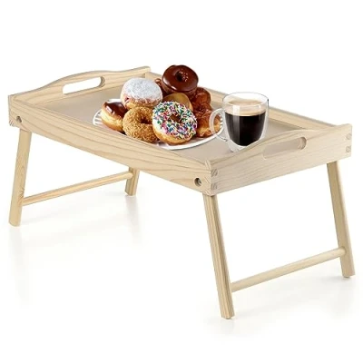 Afbeelding van KADAX Bedtafel, ontbijtdienblad van grenenhout, 19 x 30 50 cm, serveerblad, beddienblad, inklapbaar, dienblad voor ontbijt op bed, bijzettafel (natuur)