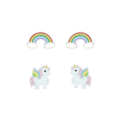 Afbeelding van Zilveren regenboog en unicorn kinderoorbellen oorknopjes meisje zilver kindersetje oorstekers kindersieraden sets Zilverana Sterling 925 Silver