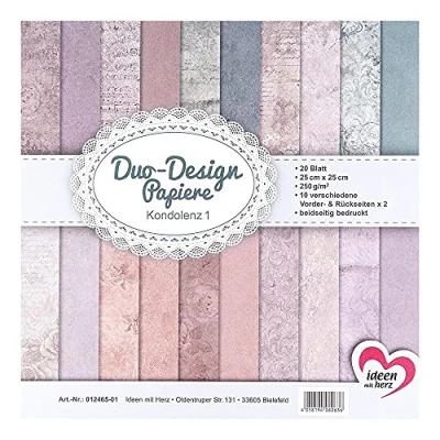 Afbeelding van Ideen met Herz design papieren duo set van 20 vellen knutselpapier, 25 x cm, 250 g/m², aan beide zijden bedrukt, designpapier, motiefpapier, ideaal voor scrapbooking, knutselen (condolétion 01)