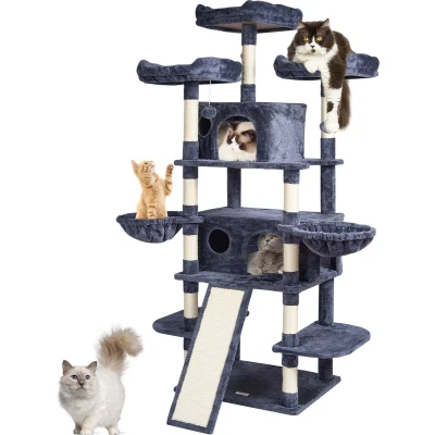Afbeelding van VEVOR Kattenboom voor binnen, kattentoren 174 cm met 2 kattenhokken, sisal krabpaal, hangmatten, bovenste zitstokken, springplatforms en helling, activiteitencentrum katten