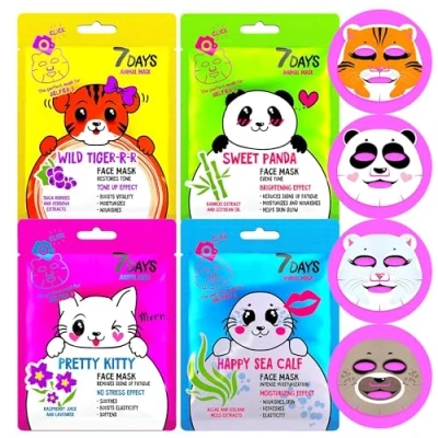 Afbeelding van 7DAYS Stoffen gezichtsmaskers met dieren/huidverzorgingspatronen set aloë vera en vitamine 4 stuks/anti rimpel, hydraterend/geschenken voor haar vrouwen, x 33 g