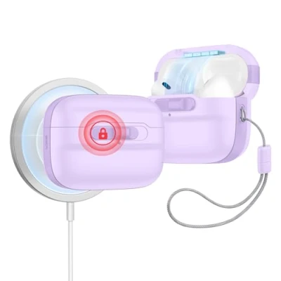 Afbeelding van ESR Beschermhoes voor AirPods Pro 2/1, compatibel met 2/1e generatie (2023/2022/2019), MagSafe klaar, magnetische afdekking, valbescherming koord, Pulse serie, paars
