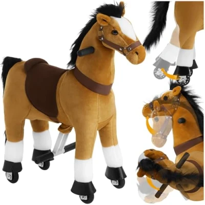 Afbeelding van tectake® Hobbelpaard op Wielen Rijdend Speelgoed Paard Pluche met Antislip Handgrepen Voor Kinderen 3 12 Jaar Staal Frame, Binnen &amp; Buiten Gebruik 29 x 76 85 cm