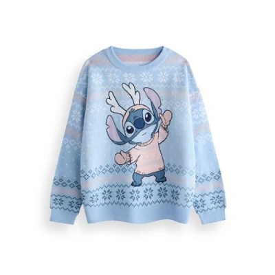 Afbeelding van Disney Lilo &amp; Stitch Kersttrui voor dames in blauw, warme gebreide grafische trui volwassenen, top met lange mouwen feestelijke feesten, grappige trui, koopwaar cadeau,