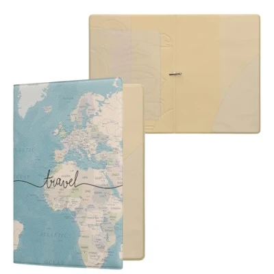 Afbeelding van kwmobile Paspoorthouder Hoesje voor paspoort en reisdocumenten Flip cover Met elastische band Travel Wereldkaart design