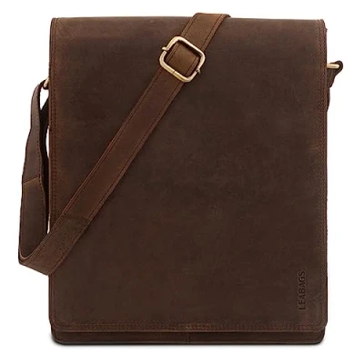 Afbeelding van LEABAGS London Leren schoudertas, laptoptas tot 13 inch, messengertas van echt buffelleer in vintage look, werktas, 26 x 8 31 cm, Nootmuskaat