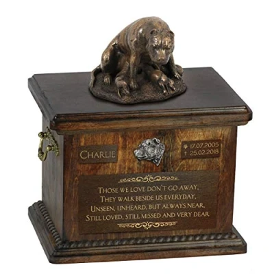 Afbeelding van Persoonlijke urn hond voor Staffordshire Bull Terrier met beeldje en as.