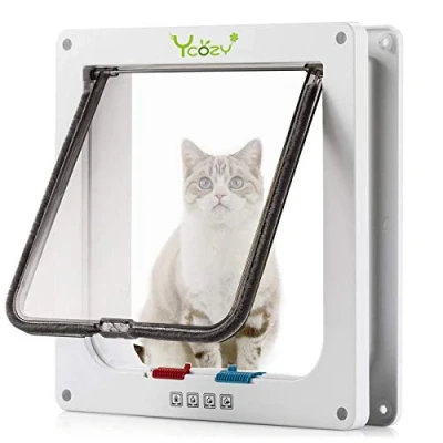 Afbeelding van Ycozy Kattenluik, kattenklep binnendeur met 4 weg draaibaar slot voor katten, honden, eenvoudig te installeren en gebruiken (buitenmaat 20 x 19 cm)