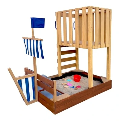 Afbeelding van AXI Vicky Speeltoren Vikingboot Bruin Met Zandbak en Speelkeuken Krijtbord FSC hout vlag zeilen Speeltoestel voor kinderen