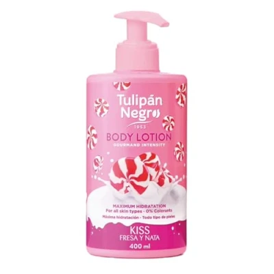 Afbeelding van Zwarte tulp bodylotion met aardbeien en crème doseerder, maximale hydratatie 400 ml, intensief geparfumeerd voor elk huidtype