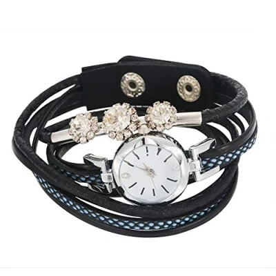 Afbeelding van Dameshorloge Multi Band Horloge Mode PU Ronde Wijzerplaat Quartz Strass Polshorloge (Zwart), Zwart