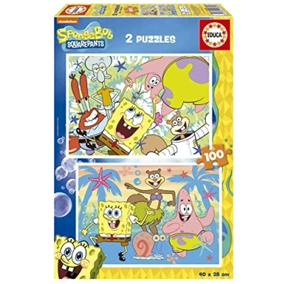 Afbeelding van Educa SpongeBob 2 x 100, kartonnen puzzels met elk 100 stukjes, leuk voor een dubbel deel, geschatte afmeting van elke puzzel: 40 28 cm, vanaf 6 jaar (19389)