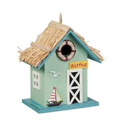 Afbeelding van decoratief vogelhuisje strandhuis 24,5 x 19 13,5 cm hout hangend