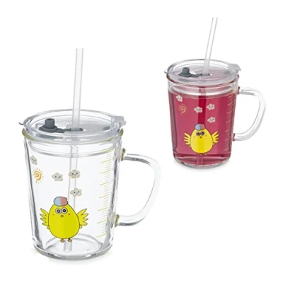 Afbeelding van Relaxdays drinkglazen met rietje en deksel set van 2 kinderglazen kuikenprint glas