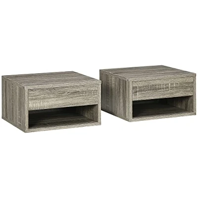 Afbeelding van HOMCOM Set van 2 Nachtkastjes voor wandmontage, schuiflade, nis, dienblad, hout, afmetingen: 37 x 32 21 cm, grijs