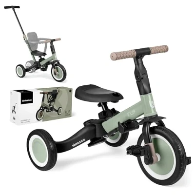 Afbeelding van Kikka Boo Evolutionaire driewieler voor baby&#039;s, 5 in 1 flip, fiets kinderen van jaar tot jaar, fietsdriewieler met of zonder pedalen, verstelbaar en transformeerbaar, legergroen