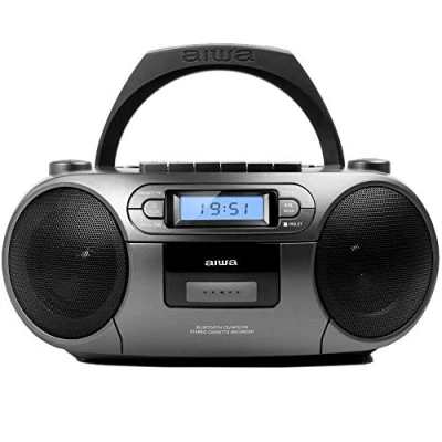 Afbeelding van Aiwa BBTC 550BK draagbare cassette radio met cd, bluetooth en USB, cassetterecorder, kleur: metallic grijs.