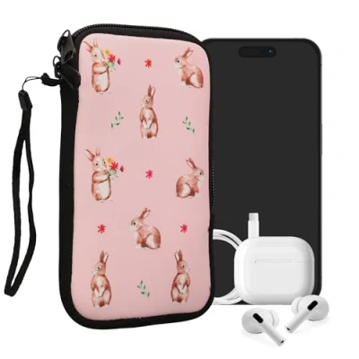Afbeelding van kwmobile hoesje voor smartphones L 6,5&quot; hoes van Neopreen Konijntjes en Bloemen design wit / bruin lichtroze binnenmaat 16,5 x 8,9 cm