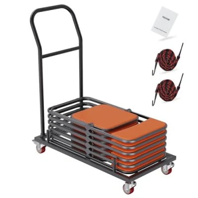 Afbeelding van VEVOR 100 x 51 109 cm Robuuste Klapstoeltrolley, Q235 Ijzer Materiaal, Maximaal Draagvermogen Van 110 Pond, Met Een Elastisch Koord, Voor Kerken, Gemeenschapscentra, Scholen, Uitgaansgelegenheden, Matzwart