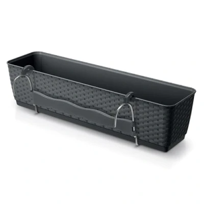 Afbeelding van Spetebo Balkonplantenbak met standaard en irrigatiesysteem, 50 x 15 cm, kunststof, antraciet, bloempot om op te hangen irrigatiebodem