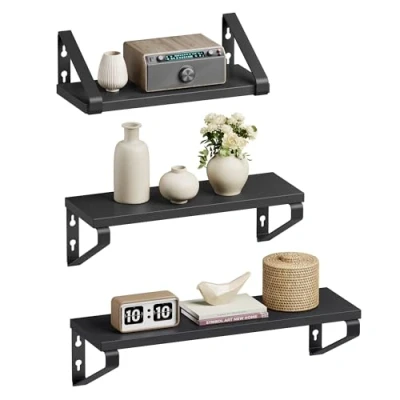 Afbeelding van VASAGLE LWS033B10 Wandrek, set van 3, zwevende plank, 2 montageopties, presentatieplank, voor woonkamer, keuken, kantoor, badkamer, inktzwart mat zwart