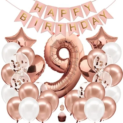 Afbeelding van envami® Verjaardagsdecoratie meisje roségoud cijfer 9e verjaardag Happy Birthday decoratie ballon aluminium 9 ballonnen jaar kind