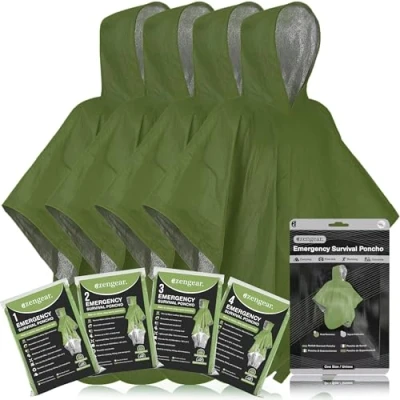 Afbeelding van aZengear Noodsurvivalponcho (4 stuks) met thermische coating van mylar blad voor warmte en regenopslag, omkeerbaar capuchon, waterdicht, winddicht (groen)