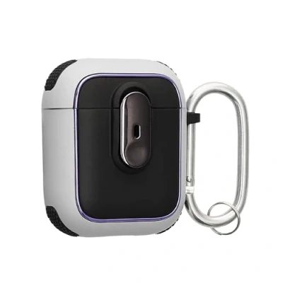 Afbeelding van kwmobile Hoesje geschikt voor Apple Airpods 1 &amp; 2 Oordopjes Case TPU Cover met Karabijnhaak Schokbestendige Beschermhoes wit / zwart
