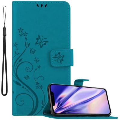 Afbeelding van Cadorabo Hoesje geschikt voor Apple iPhone 12 / PRO in BLOEMEN BLAUW Beschermhoes bloemmotief met magnetische sluiting, standfunctie en kaartsleuven Book Case Cover Etui