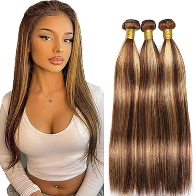 Afbeelding van Tuheers Long Hair Bundles Blonde P427 Highlight Human for Woman Straight Extensions 3 Real Double Weft 34 Inches Virgin