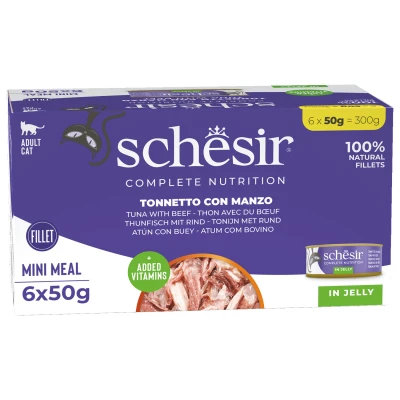 Afbeelding van Schesir Kat Mp Blik Gelei 6x50 g Kattenvoer Tonijn&amp;Rundvlees