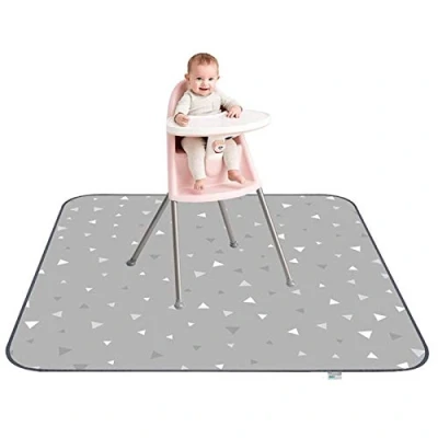 Afbeelding van Fitzulam Spatbescherming voor kinderstoel, gemakkelijk te reinigen, vloerbescherming, waterdicht, antislip, 132 x cm, motief: grijze driehoek