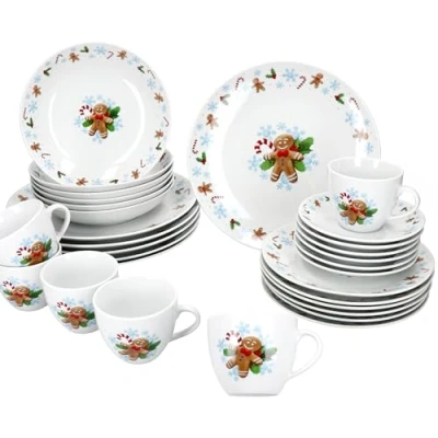 Afbeelding van MamboCat Candyman 30 delig porseleinen tafelservies met kerstdecoratie voor 6 personen, platte borden, soepborden, taartborden, kopjes en schotels