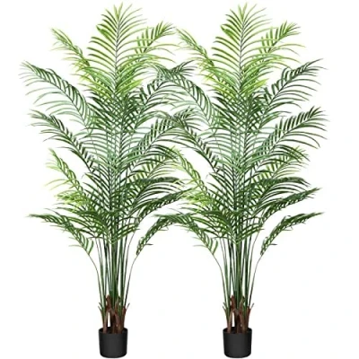Afbeelding van CROSOFMI kunstmatige Areca palm, namaakplant, ideaal voor binnen of buiten, kunstplant in een plastic pot, kunstboom de woonkamer, slaapkamer, op het balkon, groene decoratie, 170 cm, 2 stuks