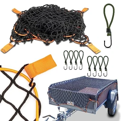 Afbeelding van CargoVA® Intelligent aanhangernet, 200 x 100 cm, uittrekbaar tot 300 elastisch zwart met rubberen touw, 8 haken en hoekmarkering