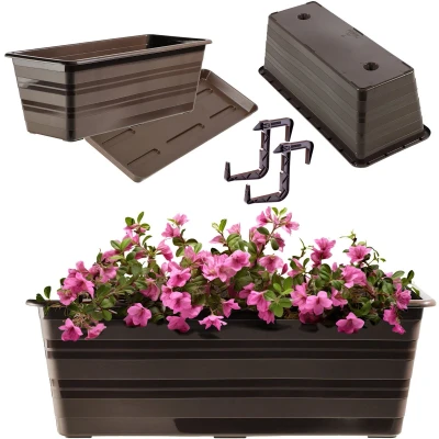 Afbeelding van KADAX Plantenbak, balkonbak, weerbestendig, kunststof, bloembak, balustrade voor het kweken van bloemen, kruiden (40 cm met onderzetters en 2 handgrepen, antraciet)
