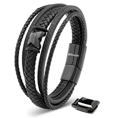 Afbeelding van SERASAR Hoogwaardige leren armband voor heren, magnetische sluiting van roestvrij staal in zwart, zilver en goud, inclusief sieradendoosje, leuk cadeau idee, Geen edelsteen
