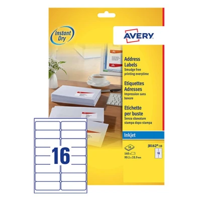Image de Avery J8162 10 étiquettes d&#039;adresse 99,1 x 33,9 mm (160 étiquettes)