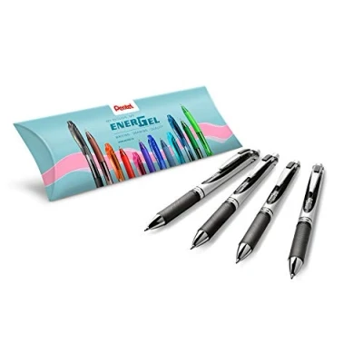 Image de Pentel Energel BL77, Roller encre gel rétractable pointe moyenne 0,7 mm, Noir, Pack de 4