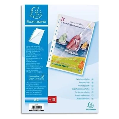 Afbeelding van Exacompta Ref. 5310E zak met 10 geperforeerde hoezen boven en zijkant, polypropyleen glad 6/100e A4 universele perforatie 11 gaten formaat kleurloos