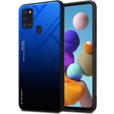 Afbeelding van Cadorabo Hoesje geschikt voor Samsung Galaxy A21s in BLAUW ZWART Tweekleurige beschermhoes van TPU silicone Case Cover en achterzijde gehard glas