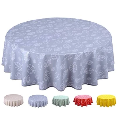 Afbeelding van Home Direct Tafelkleed van pvc, rond, 160 cm, lichtgrijze bladeren