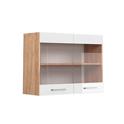 Afbeelding van Vicco Glazen keukenkast R Line, Wit Hoogglans/Bruin, 80 cm
