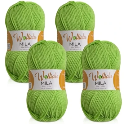 Afbeelding van Wollidu Mila 4 x bollen garen voor haken en breien, 50 g/133 m, breigaren, 100% polyacryl, kiwi groen